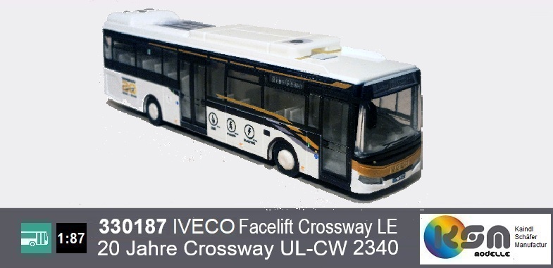 330187 - IVECO Facelift Crossway LE Electric weiss - Vorführer 20 JAHRE CROSSWAY UL-CW 2340 - Linienbus, public bus, bus public, autobus, Modellbus - Scale 1:87